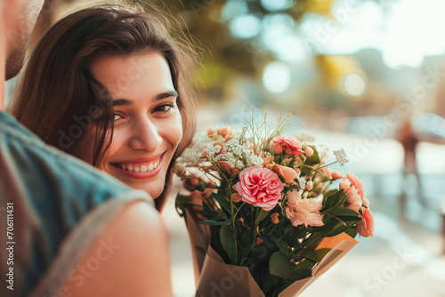 Mulher surpresa recebendo um buquê de flores do namorado photo