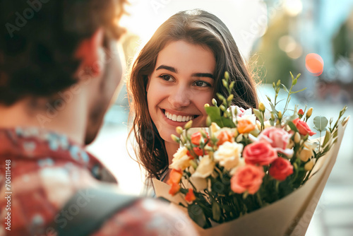 Mulher surpresa recebendo um buquê de flores do namorado photo