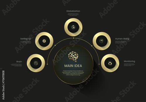 Luxury circles options infographic design, vector illustration. Golden and premium charts for business and finance concepts