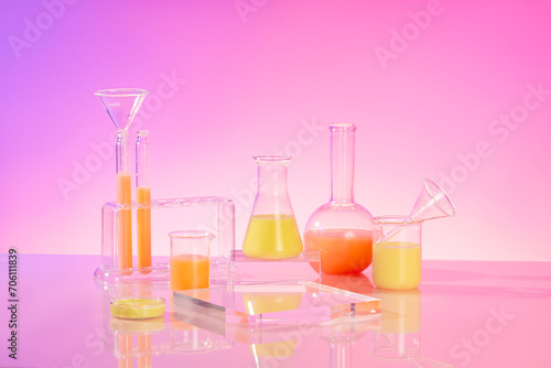 Yellow and orange liquid filled inside several laboratory glassware. Glass podium with empty space featured. Minimal scene with podium and abstract background