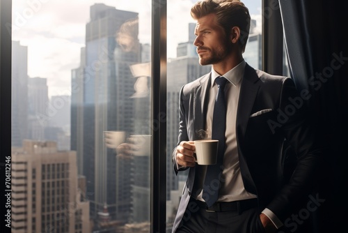 Stylish Businessman in Windowpane Check Suit Jacket, Holding a Cup of Coffee, Looking Thoughtfully at the Busy City Life from a High-Rise Building Window