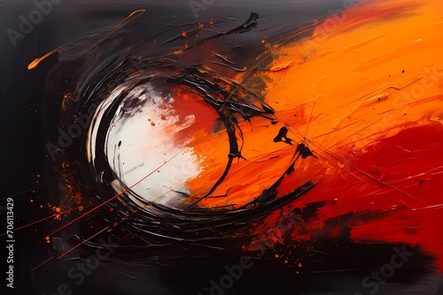 Radiant bursts of onyx black and fiery orange converging into a vibrant and energetic abstract masterpiece.