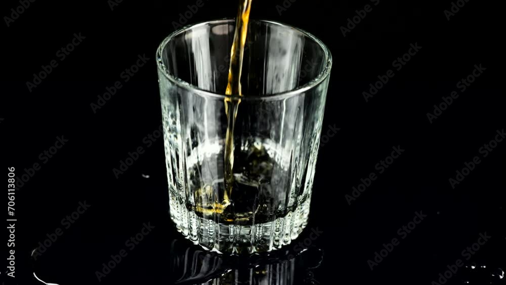 Whiskey is poured into a glass. Slow motion. Whiskey is poured into a glass. Slow motion.