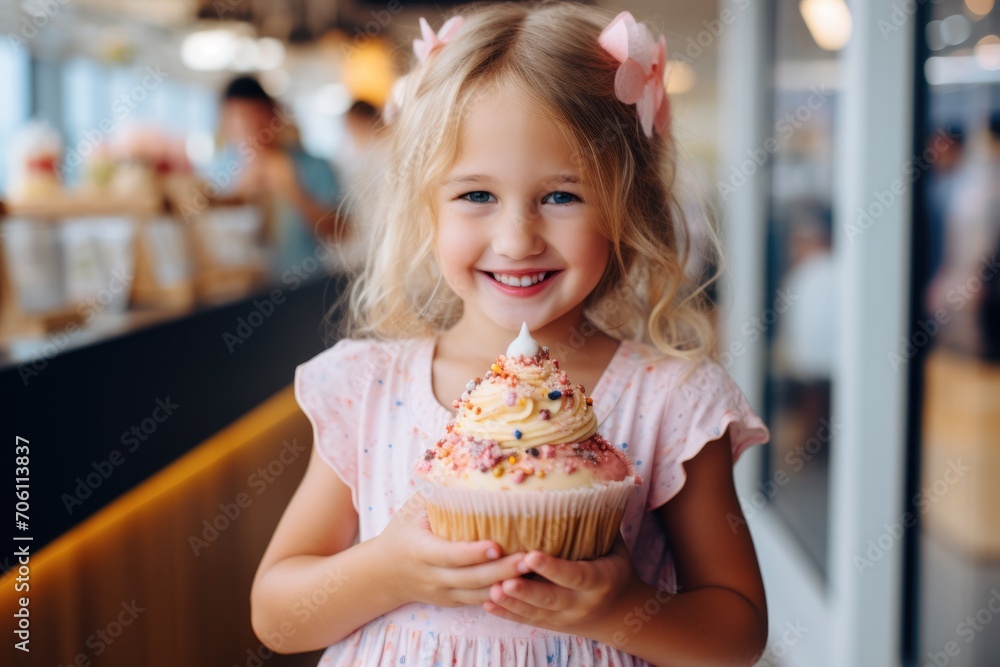 Blissful young girl with sparkling blue eyes, clutching a colorful cupcake, her smile as sweet as the icing. Blissful young girl with sparkling blue eyes, clutching a colorful cupcake, her smile as sweet as the icing.