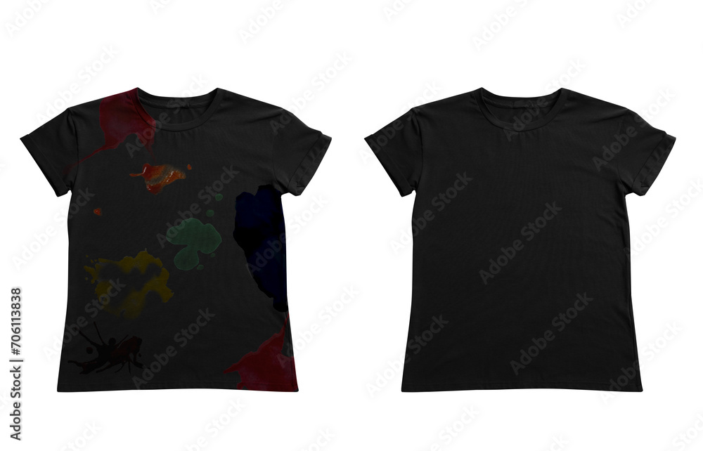 Black t-shirt before and after using detergent on white background Black t-shirt before and after using detergent on white background