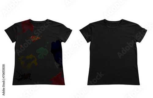 Black t-shirt before and after using detergent on white background