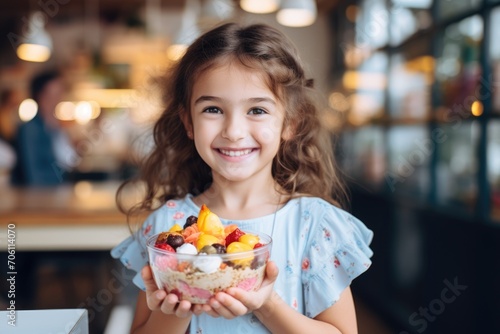 Smiling child with a bowl of fruit salad, her eyes sparkling with delight in a bright, airy café.