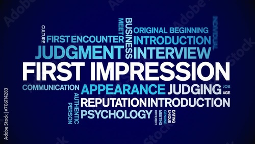 First impression animated tag word cloud;text design animation kinetic typography seamless loop. photo