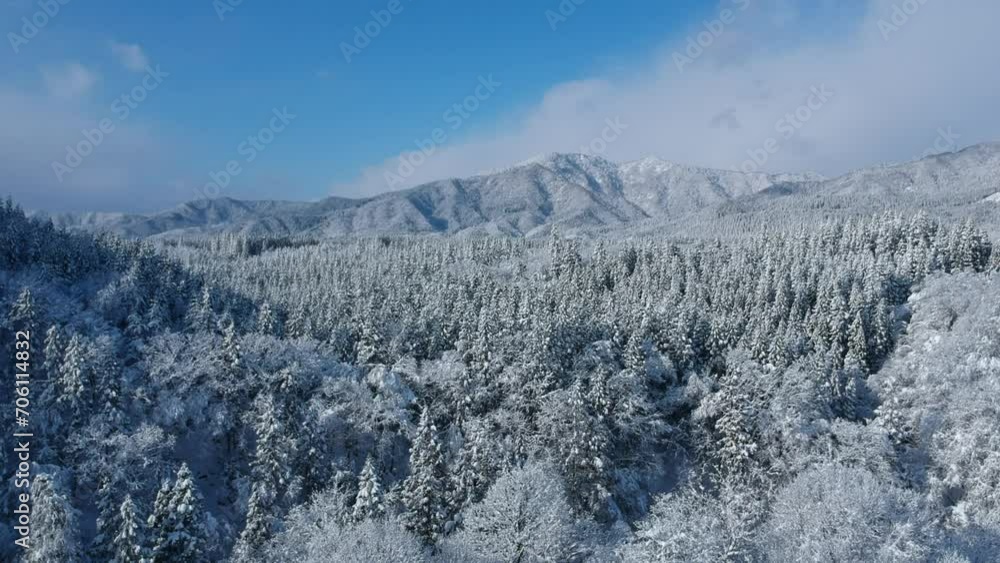 晴れた冬の山と森林　空撮　移動撮影　雪景色　秋田県　日本
