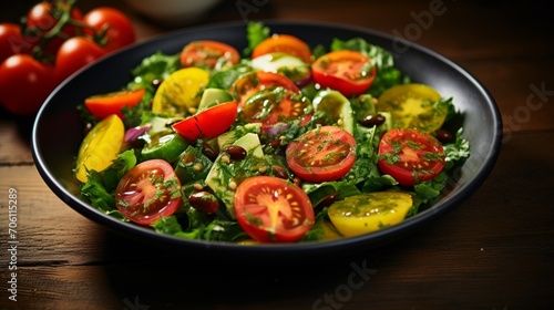 A mouthwatering salad bursting with vibrant greens, topped with ripe tomatoes and tangy dressing.