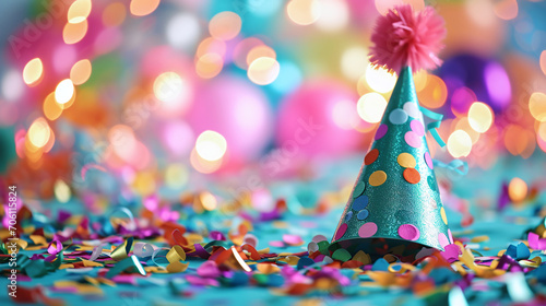 Vibrant party hat and confetti background, colorful celebration, festive decoration, birthday or New Year's Eve event theme. AI Generative