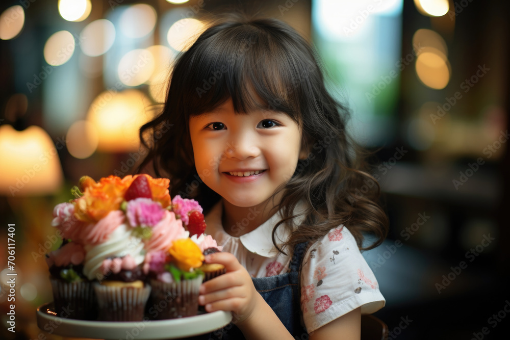 Smiling young girl with a flower-topped cupcake, her eyes gleaming with joy in a cozy café setting. Smiling young girl with a flower-topped cupcake, her eyes gleaming with joy in a cozy café setting.
