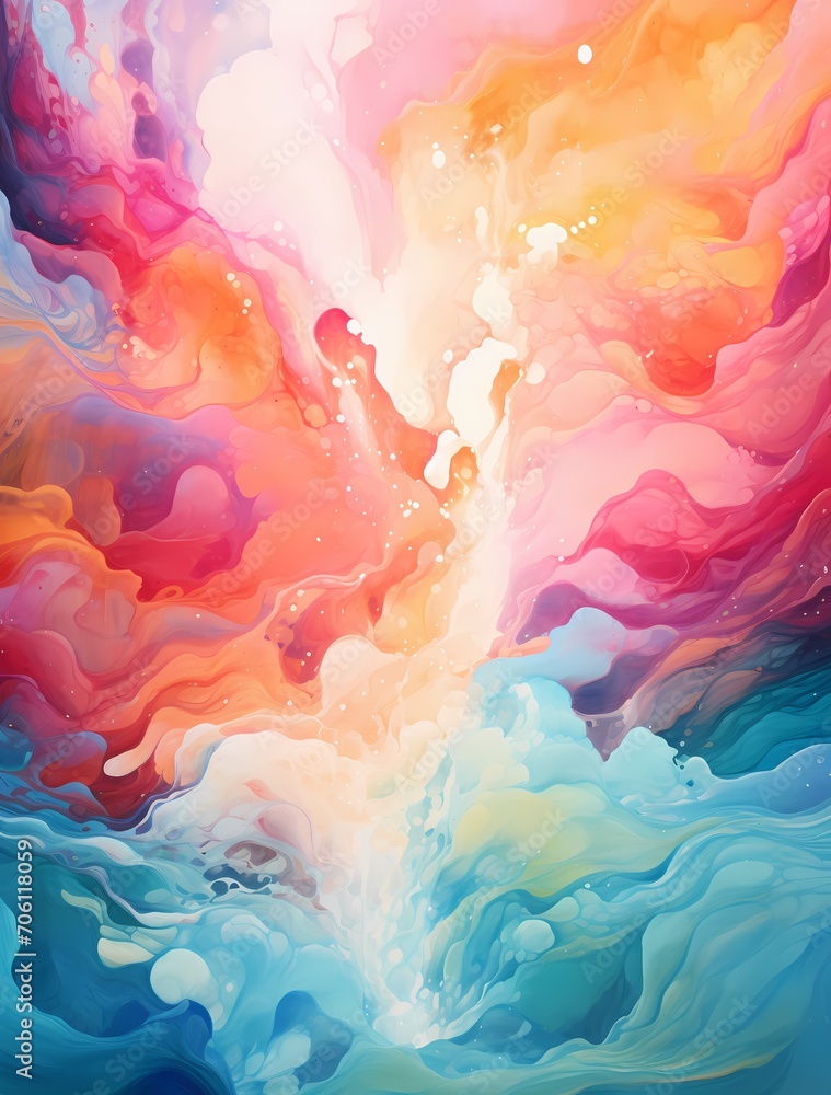Radiant waves of color cascade in a 3D liquid ballet, creating a stunning display of fluid motion and vibrant splashes against a captivating abstract backdrop