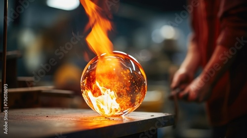 Closeup of a glass blowers flame heating a ball of molten glass, ready to be transformed into a delicate vase. photo