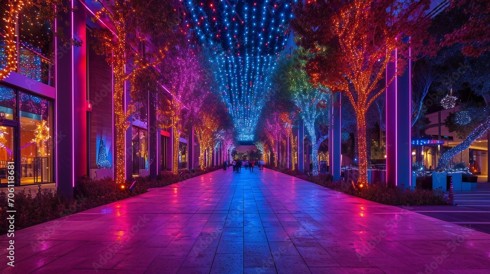 Nighttime Enchantment: Colorful Light Canopy. tree-lined street adorned with colorful lights at night.