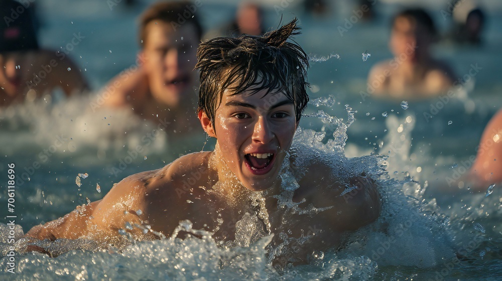 Exhilaration in the Waves: Youthful Swim.  young man excitedly swimming in a crowd.