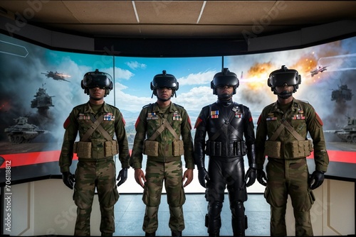 gamers wearing VR with soldier gears playing hyper immersive war and battle video games photo