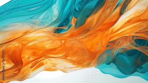 Radiant waves of tangerine and turquoise liquid colliding and splashing  creating a breathtaking display of fluid motion in a high-resolution 3D environment.