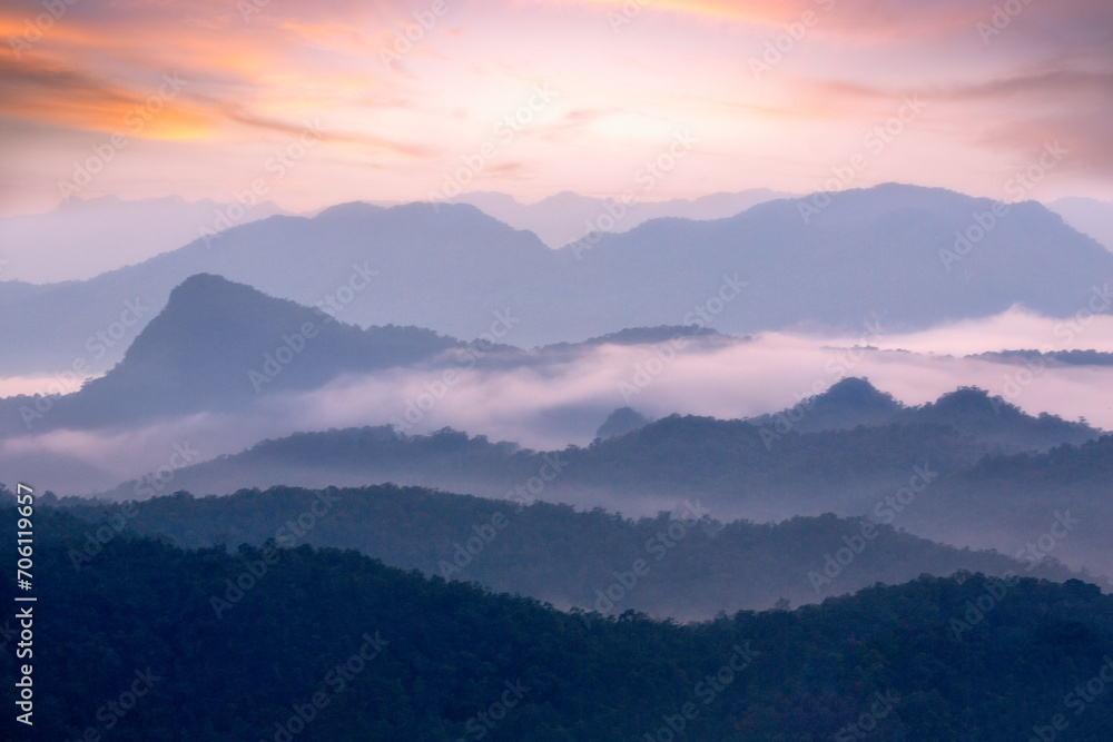 Beautiful morning landscape with mountains  and sea of mist  at Doi Hua Mod,Umphang Wildlife Sanctuary, Umphang district, Tak Province, Thailand.