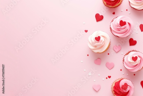 Cupcakes, hearts, top view, red ans pink colors, flat lay, copy space
