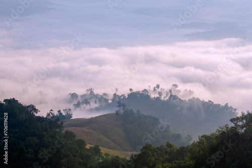 Beautiful morning landscape with mountains  and sea of mist  at Doi Hua Mod,Umphang Wildlife Sanctuary, Umphang district, Tak Province, Thailand. photo