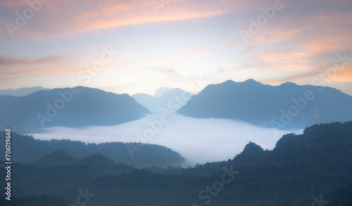 Beautiful morning landscape with mountains  and sea of mist  at Doi Hua Mod Umphang Wildlife Sanctuary  Umphang district  Tak Province  Thailand.