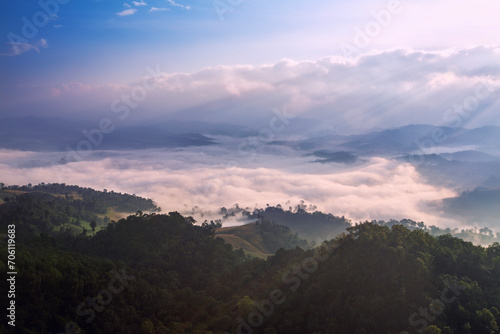Beautiful morning landscape with mountains and sea of mist at Doi Hua Mod,Umphang Wildlife Sanctuary, Umphang district, Tak Province, Thailand.