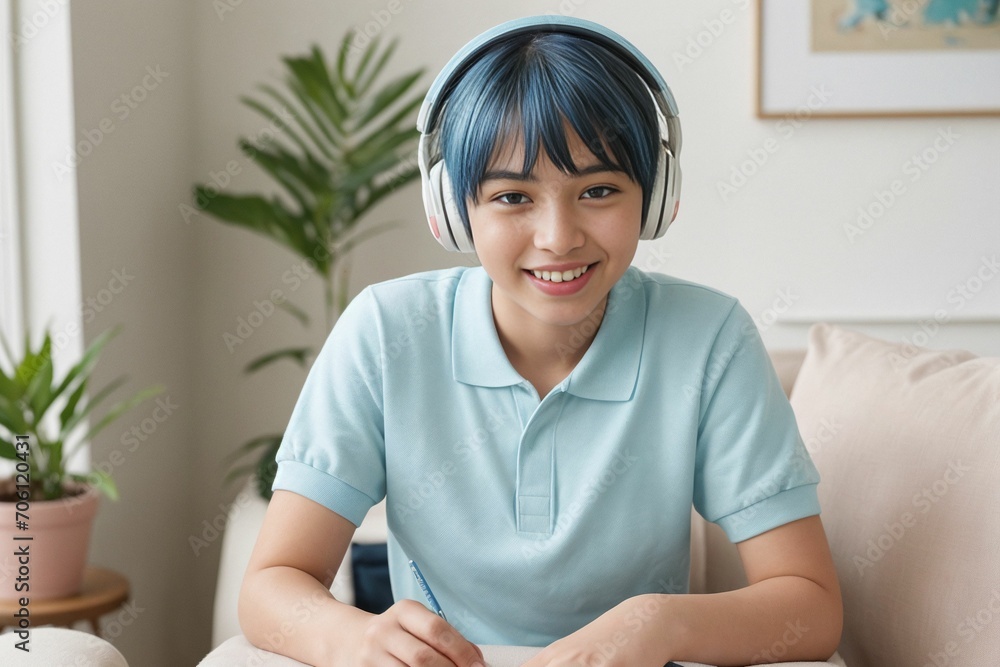 A young girl doing homework at home, learning and taking classes virtually and remotely A young girl doing homework at home, learning and taking classes virtually and remotely