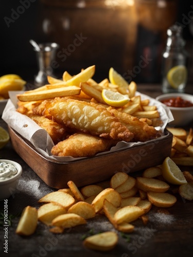 Classic British fish and chips, perfectly crispy and flavorful batter, cinematic food photography 