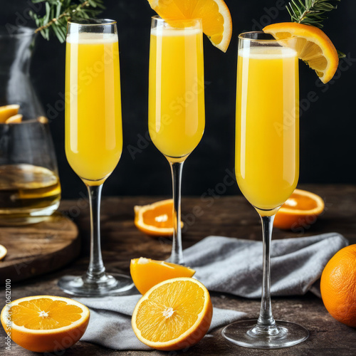 mimosa cocktail with orange slices on table