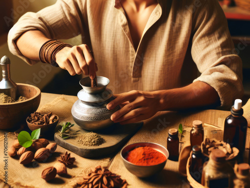 A young man preparing ayurvedic medicine in the traditional manner in India