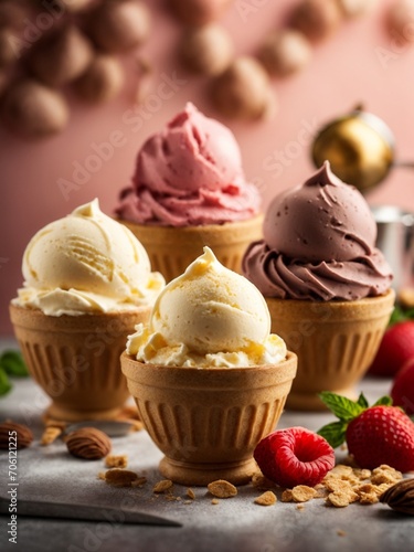 Flavorful gelato ice cream  delicious dessert  cinematic  studio lighting and background. Food photography