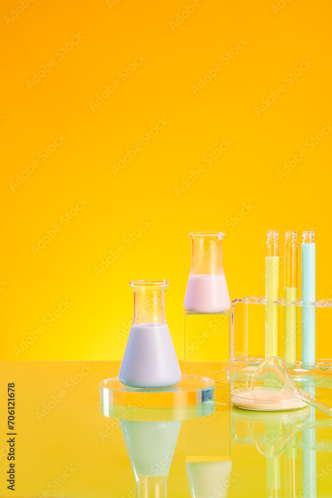 Minimal background with erlenmeyer flask and test tubes containing color liquid and displayed on glass podiums on yellow background. Laboratory concept, copy space Minimal background with erlenmeyer flask and test tubes containing color liquid and displayed on glass podiums on yellow background. Laboratory concept, copy space