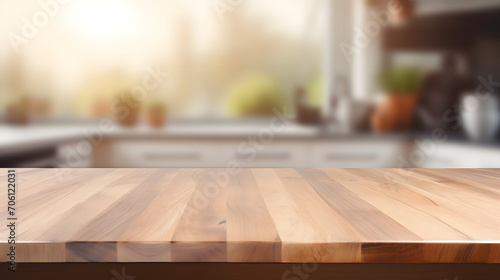 Empty beautiful wood table top counter and blur bokeh modern kitchen interior background in clean and bright,Banner, Ready for product montage. Generative AI illustration © สรศักดิ์ ธรรมวงษ์ษา