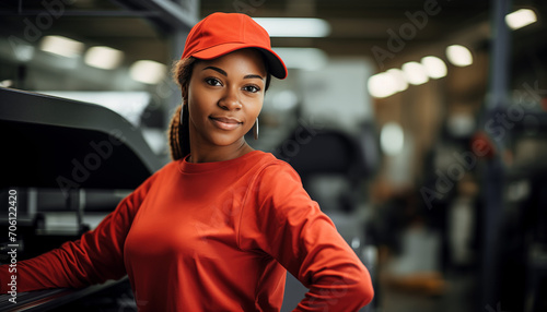 technician black woman working as an auto mechanic in a modern auto repair shop, garage © Isidro