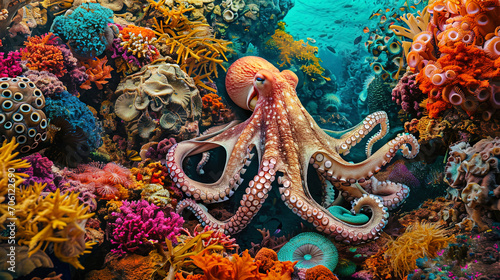 A photograph of an octopus among multi colored corals creates the impression of an underwater carn photo