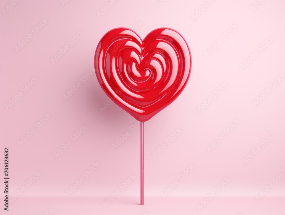 Red heart-shaped lollipop with swirls on a pink background Red heart-shaped lollipop with swirls on a pink background