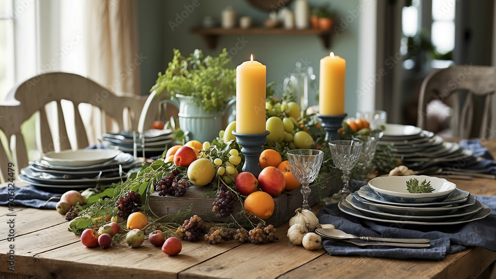 seasonal spirit by photographing farmhouse kitchen table adorned with seasonal decor or a spread of dishes inspired by the time of year