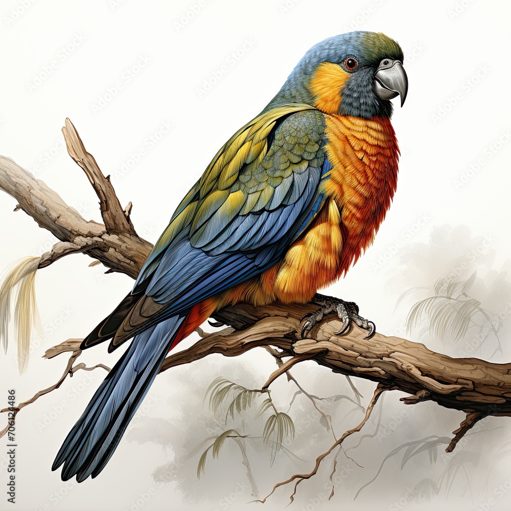 Illustration of Blue-Winged Parrot Perched on Tree Branch - Detailed Avian Artwork