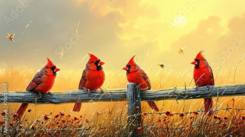 happy cartoon of a cardinal family sitting on a fence singing on a beautiful golden spring morning -  photo