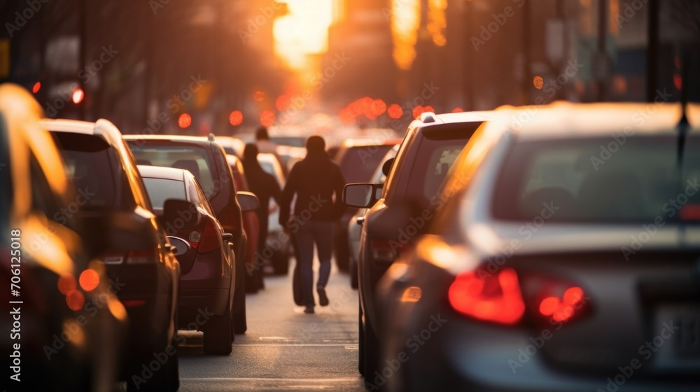 Fototapeta premium Closeup of a traffic jam on a busy downtown street, showcasing the issue of congestion and traffic management in urban planning.