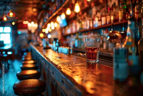 vintage bar and blurred shelves with liquor bottles in the background. photo