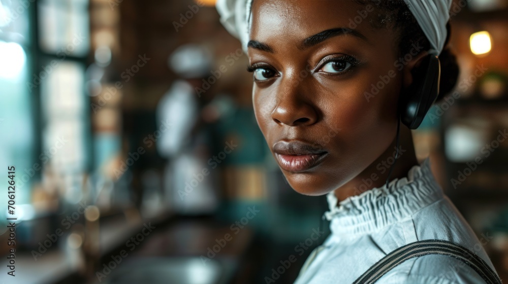 Fototapeta premium African-American maid having unpleasant conversation over the phone