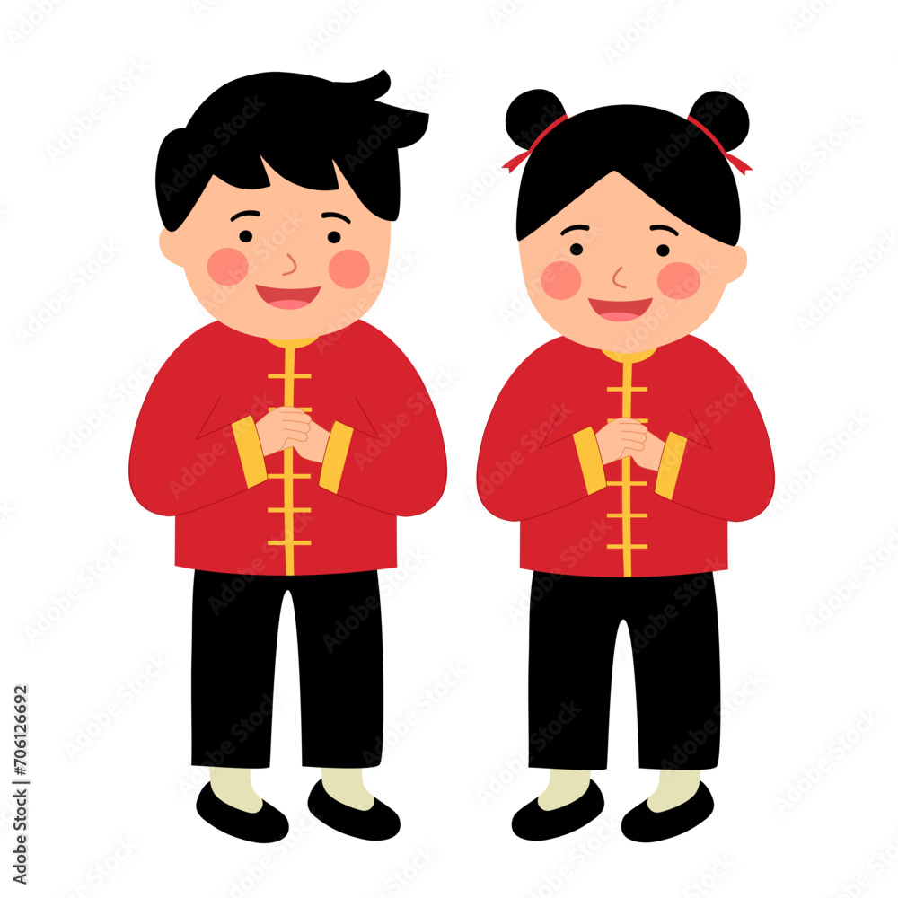 Cute Chinese kids in flat design on white background. Happy Chinese new year.