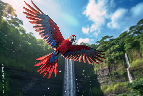 Generative AI Image of Red Macaw Flying in Amazon Rainforest with Waterfall View © heartiny