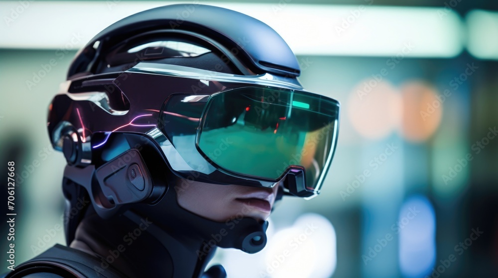 Closeup of a futuristic helmet worn by a virtual reality user, showing the lifelike display of their virtual environment. Closeup of a futuristic helmet worn by a virtual reality user, showing the lifelike display of their virtual environment.