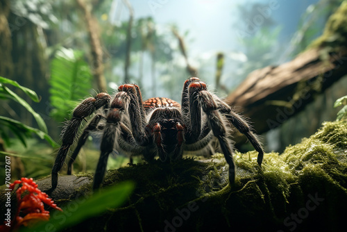 Generative AI Image of Tarantula Spider Crawling on a Tree Trunk in Amazon Rainforest