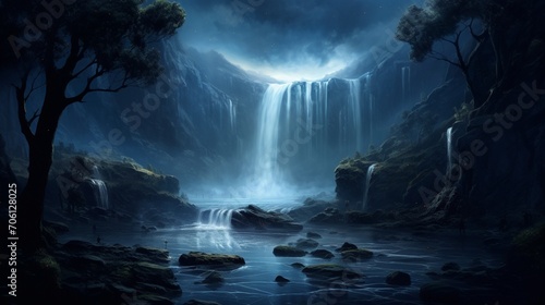  A digital painting of an ethereal waterfall cascading down from the sky, casting enchanting shadows on surrounding trees and rocks under moonlight.