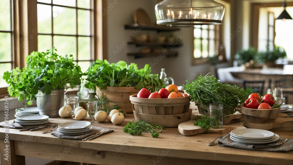 Highlight the connection between farmhouse kitchen table and the farm-to-table concept showcase fresh produce, herbs, or homemade meals directly sourced from your garden or local farmers