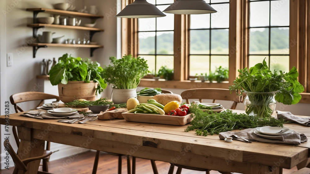 Highlight the connection between farmhouse kitchen table and the farm-to-table concept showcase fresh produce, herbs, or homemade meals directly sourced from your garden or local farmers Highlight the connection between farmhouse kitchen table and the farm-to-table concept showcase fresh produce, herbs, or homemade meals directly sourced from your garden or local farmers
